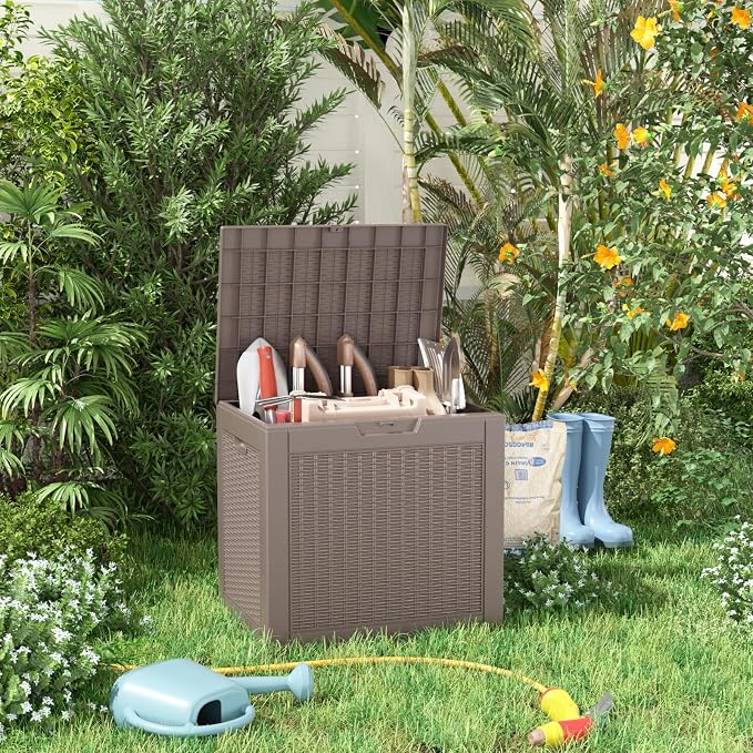 PatioZen 31 Gallon Wicker Pattern Resin Deck Box, Lockable Patio Outdoor Storage Box for Furniture, Garden Tools and Tools Storage, Waterproof Outside Storage Box (Grey)