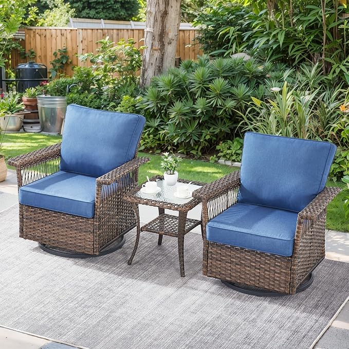 Patio Furniture Set 2 Wicker Swivel Glider Chairs with PE Rattan Side Table Set Brown Wicker Blue Cushions Patio Conversation Set 3pcs for Garden Balcony Sunroom Backyard Poolside