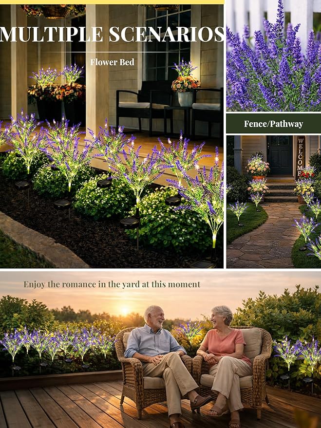 GIGALUMI Solar Garden Lights with Lavender, LED Garden Decor Carefree Solar Flowers Outdoor Waterproof, Yard Decorations Outdoor, Allergy-Free Everlasting Light up Flowers for Yard Patio (Set of 2)