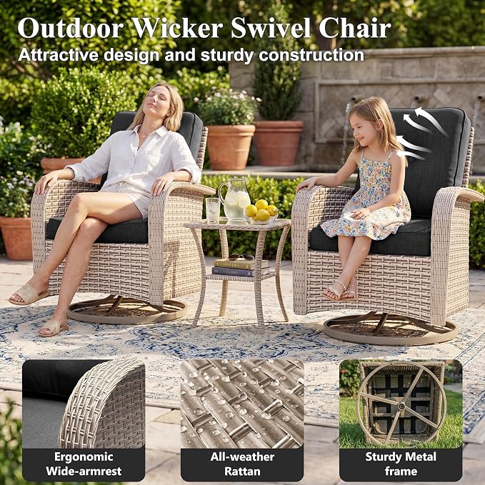 Patio Furniture Set, 18-Piece Outdoor Sectional Sofa with Swivel Rocker Chairs & Fire Pit Table, Wicker Patio Conversation Set with Coffee Table, Black Cushions