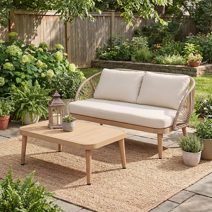 Christopher Knight Home Blanca 2 Pieces Conversation Set, Boho Patio Loveseat Sofa and Coffee Table, Acacia Wood Outdoor Loveseat and Table Set, Rope Woven Curved Loveseat with Cushions, Teak+Beige