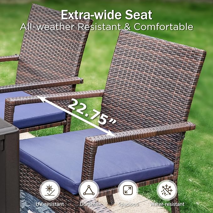 PHI VILLA 5pc Patio Dining Set with 10ft Blue Umbrella, 4 Rattan Chairs | Includes 37" square metal table, 4 cushioned rattan chairs, and 10ft blue umbrella. Perfect for patio, deck, yard, or porch