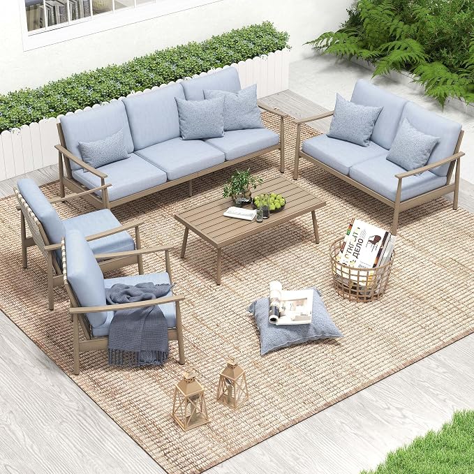 HAPPATIO Outdoor Furniture Set - 5 Piece Aluminum Patio Conversation Set with 1 Coffee Table, 2 Armchairs, Loveseat and 3-Seat Sofa, Aluminum Patio Furniture Set for Backyard Deck Poolside (Brown)