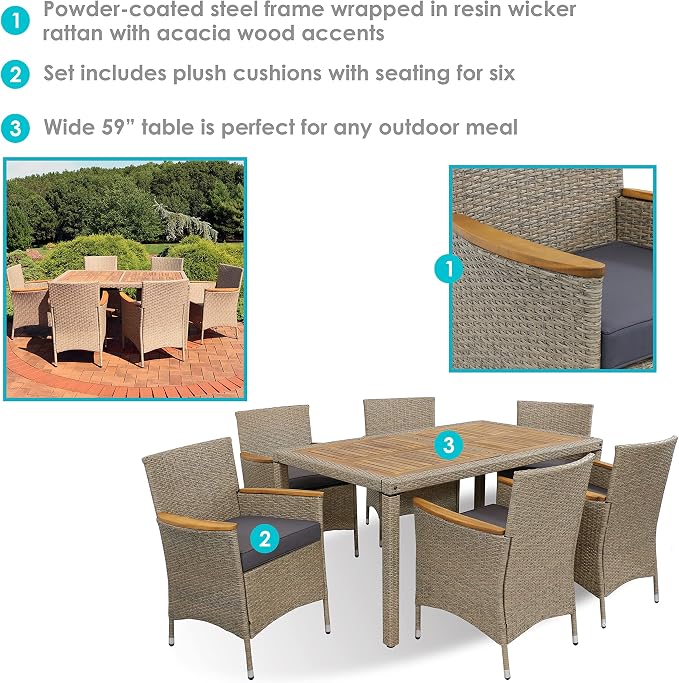Sunnydaze Foxford 7-Piece Rattan and Acacia Outdoor Dining Set - 1 Table and 6 Chairs with 6 Thick Seat Cushions
