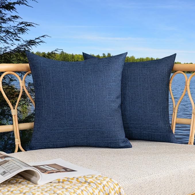 Kevin Textile Outdoor Waterproof 16”x16” Pillow Covers 2 Pack, Blue | Water Resistant, Soft Faux Linen-cotton Yarn-dyed Woven Texture Throw Pillow Covers for Tent Patio Garden Couch Sofa