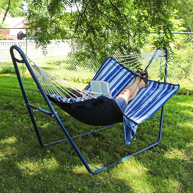 Sunnydaze Quilted Fabric Double Outdoor Hammock - 2-Person Hammock with Metal Curved Spreader Bars - Catalina Beach