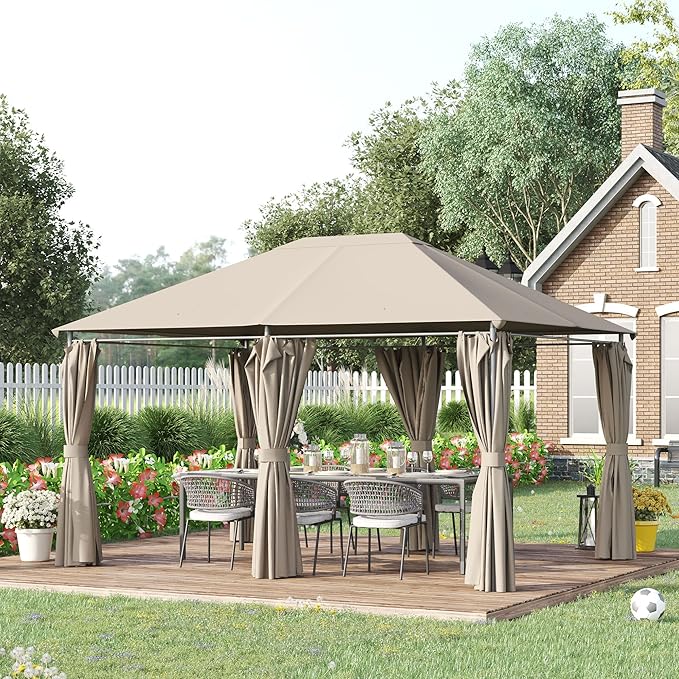 Outsunny 10' x 13' Outdoor Patio Gazebo Canopy Shelter with 6 Removable Sidewalls, & Steel Frame for Garden, Lawn, Backyard and Deck, Khaki