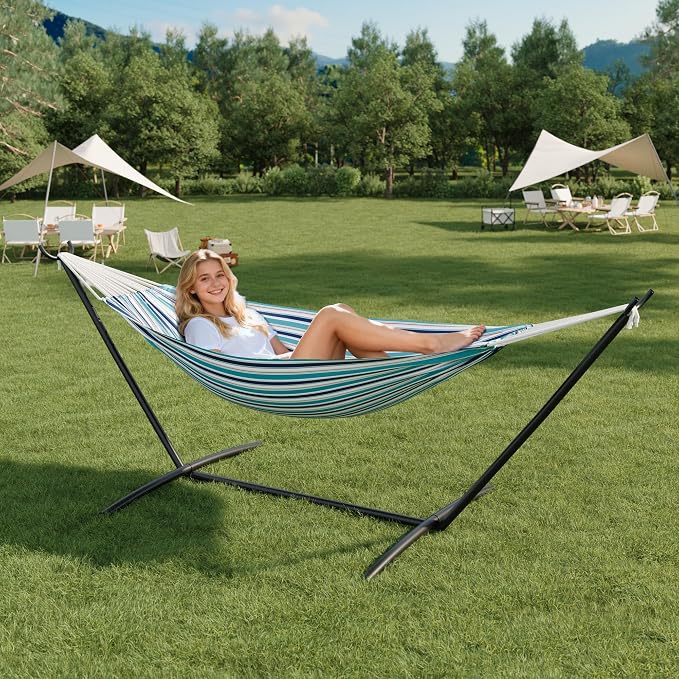 2 Person Double Hammock with Stand Foldable, 450Lbs Capacity, Double Hammocks Portable with Carrying Bag, Thick Rope, Collapsible Heavy-Duty Steel Stand for Indoor & Outdoor, Weatherproof
