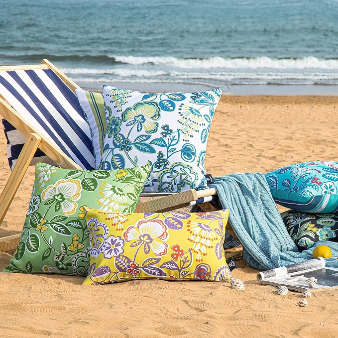 Phantoscope Pack of 2 Outdoor Indoor Throw Decorative Pillow Cover Floral Striped Waterproof Patio Pillows Cushion Case for Couch Tent Park, Dark Blue 20 x 20 Inches