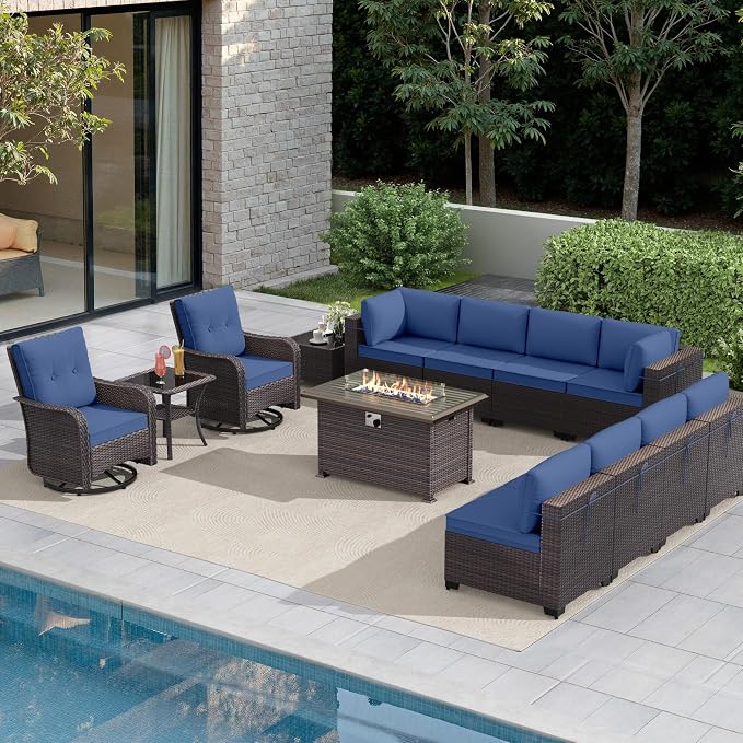 Gotland 13 Pieces Patio Furniture Set with Fire Pit Table Swivel Chairs, PE Rattan Outdoor Furniture Set with 29.5'' High Backrest 4’’ Thick Cushions Coffee Table, Patio Set for Porch, Deck, Navy