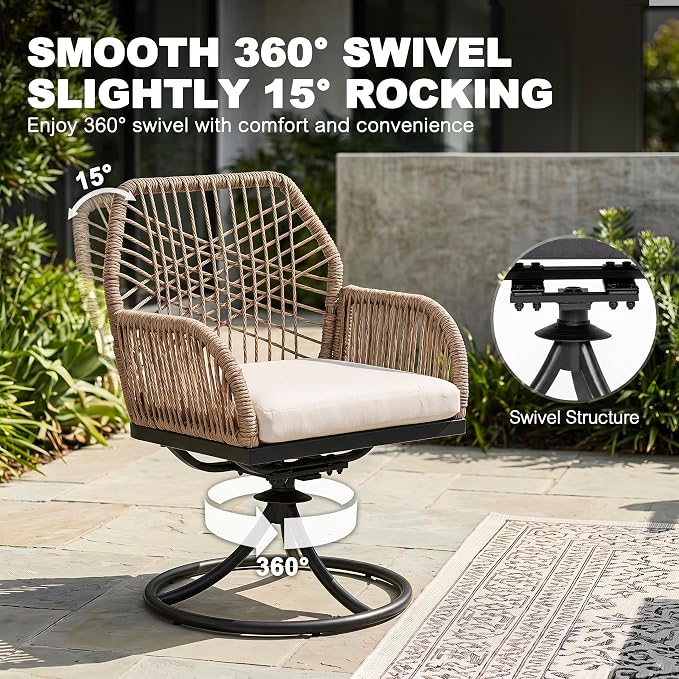 NUU GARDEN 5-Piece Patio Dining Set, Slatted Table with Umbrella Hole, 4 Swivel Chairs with Beige Cushions, Handwoven Double-Layer Twisted Rattan, Powder-Coated Metal Frame, Brown and Black