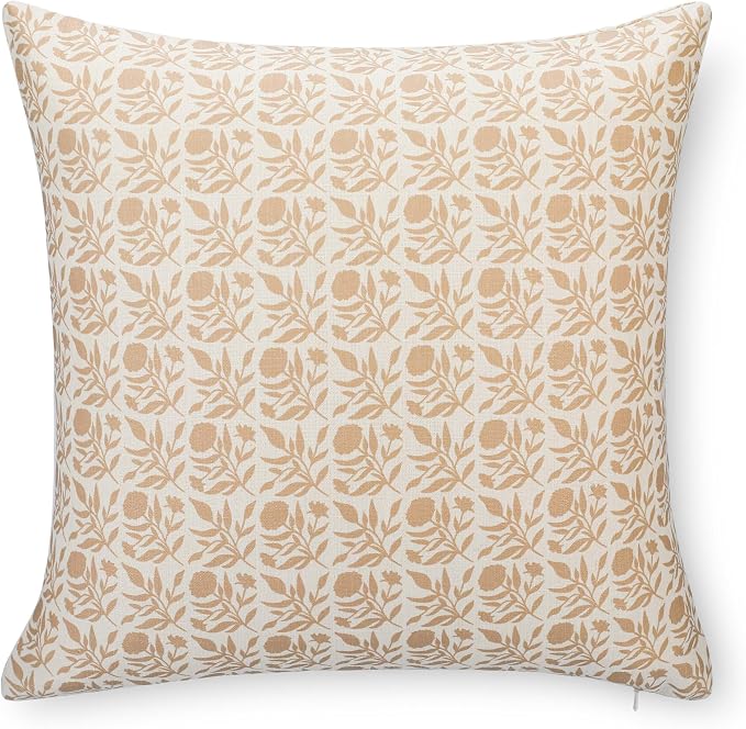 California Casual Coastal Indoor Outdoor Throw Pillow Cover, 20"x20" Water Repellent for Patio, Backyard, Couch, Poolside, Earth Tone Ivory Cream Tan Print Floral and Leaves Geometric