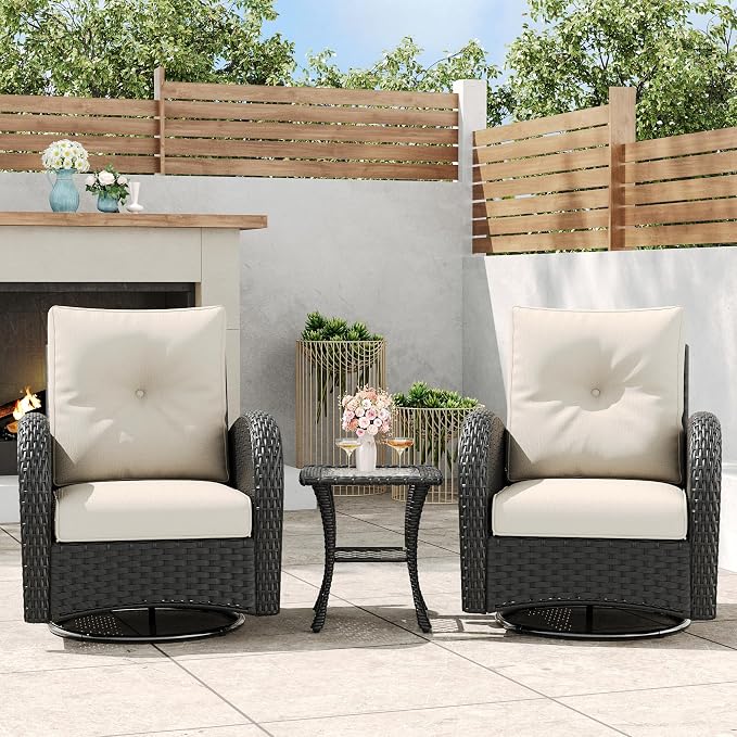 3 Pieces Outdoor Wicker Patio Swivel Rocking Chairs, All Weather Wicker Conversation Set with Side Table