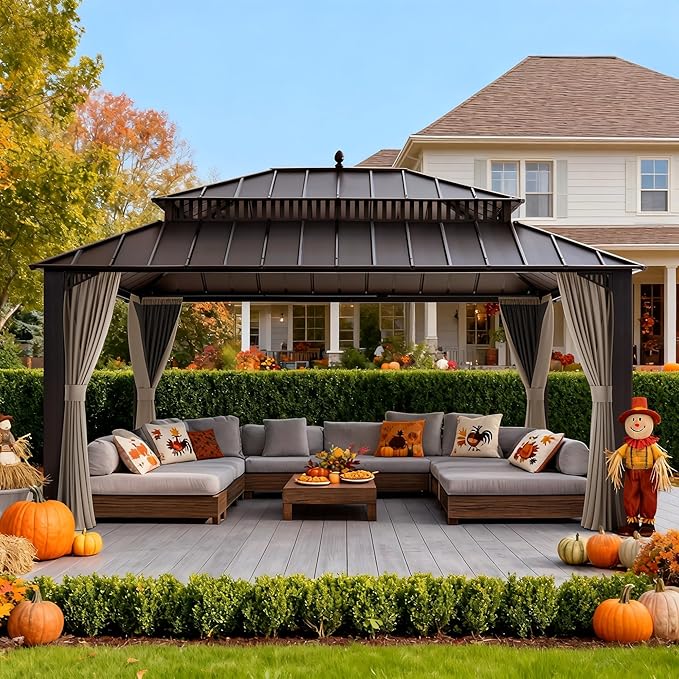 SUNJOY Kingston 16' x 12' Hardtop Gazebo with Galvanized Steel Double Roof, Curtain and Netting, Brown Aluminum Posts Permanent Pavilion Gazebo for Garden, Patio, Deck, Lawn