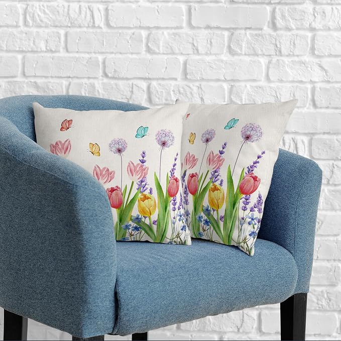 Summer Floral Throw Pillows Cover 18x18 Set of 2 Pink Tulip Flower Pillow Covers Lavender Dandelion Butterfly Decorative Pillow Case for Farmhouse Patio Sofa Couch