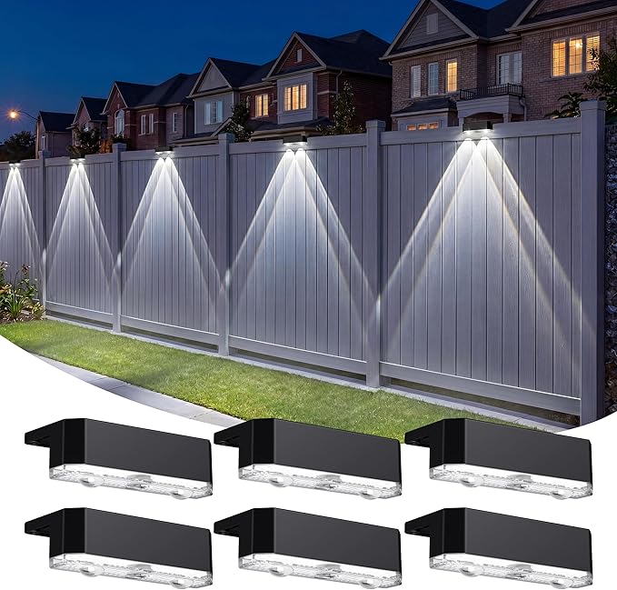 Peasur Solar Fence Lights Outdoor 6 Pack, Deck Light Solar Powered, Waterproof LED Step Lights for Railing Yard Patio Outside, Cool White
