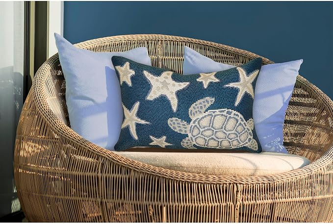 Liora Manne MARINA Indoor/Outdoor Power Loomed Easy Care Pillow - Transitional Geometric Coastal Beach Colorful (Turtle And Stars Navy) (12" x 18")