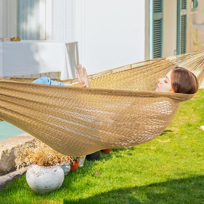 PNAEUT Handwoven Mayan Hammock, Thick Soft Rope Double Hammock for Outdoor Outside & Indoor, 600 lbs Capacity Heavy-Duty, Includes Tree Straps, Carabiners & Carrying Bag(Tan, X-Large)