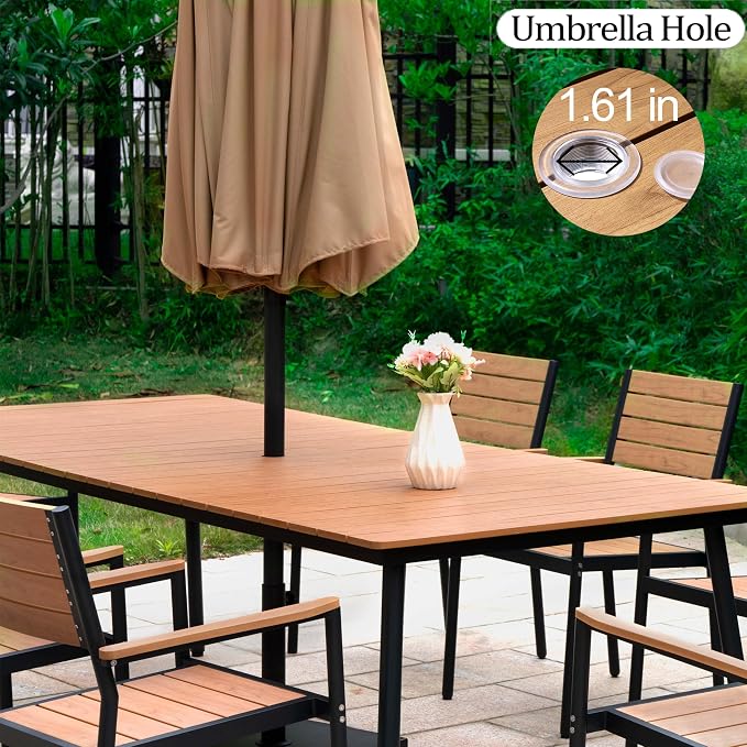 7-Piece Outdoor Dining Set for 6 Person with Teak Wood-Grain Top | Armrest Stackable Chairs with 19.4" Seat Depth, Aluminum Frame Dining Furniture with Umbrella Hole for Deck, Porch & Backyard