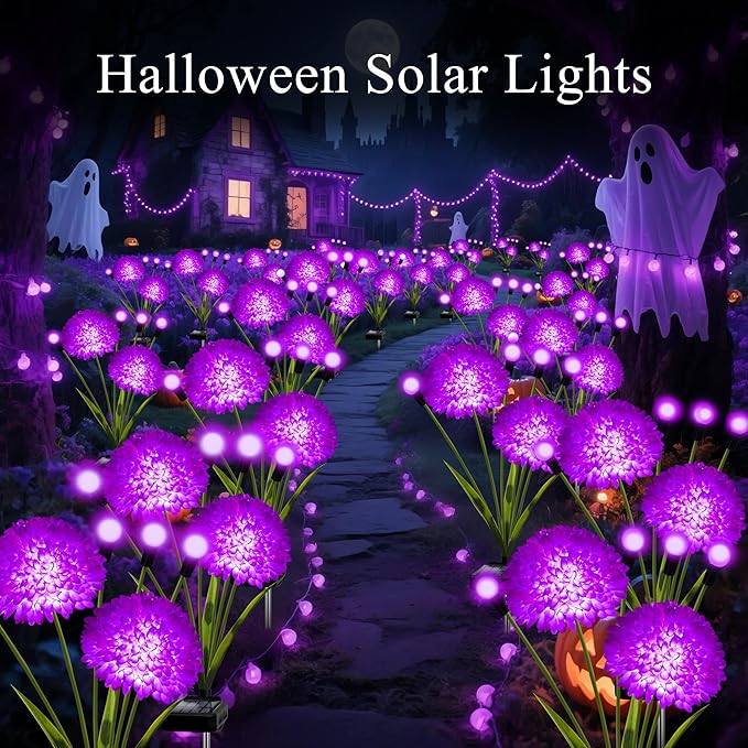 Solar Lights Outdoor Waterproof, 2 Pack Purple Solar Firefly Swaying Lights with Flowers, Flower Light Garden Decor for Outside Yard Patio Halloween for Women Grandma
