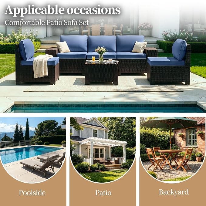 Patio Furniture Set 6 Pieces Outdoor Sectional Sofa Set,PE Rattan Wicker Patio Conversation Set with Thickened Cushions and Glass Coffee Table,NavyBlue