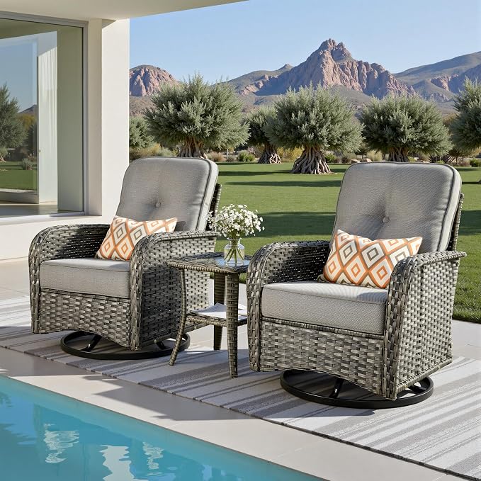 3-Piece Patio Furniture Set, Outdoor Wicker Furniture with Coffee Table, High Back Swivel Rocker Patio Chairs, Modern Rattan Outdoor Chairs Conversation Set for Porch, Balcony, Garden, Dark Gray
