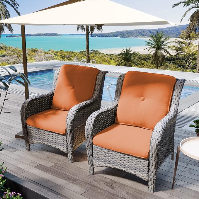 Outdoor Wicker Chair Rattan Dining Chairs Set of 2 PE Wicker Patio Chairs with 4inch Seat Cushions Seating Chair for Garden, Backyard Swimming Pool, Balcony, Orange