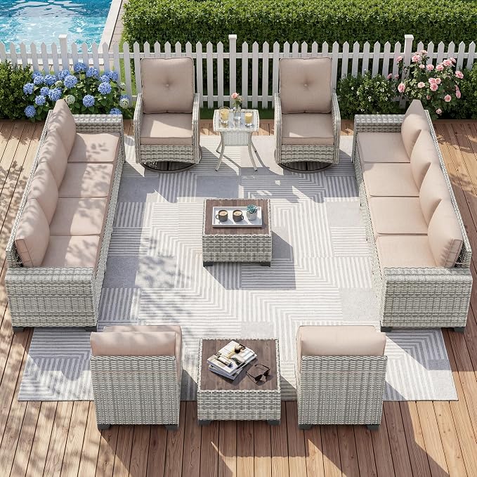 15-Piece Outdoor Patio Furniture Set with Rocking Swivel Chair Wicker Sectional Sofa Set, Patio Conversation Set with Thickened Cushions & Coffee Table for Garden, Backyard, Poolside, Beige