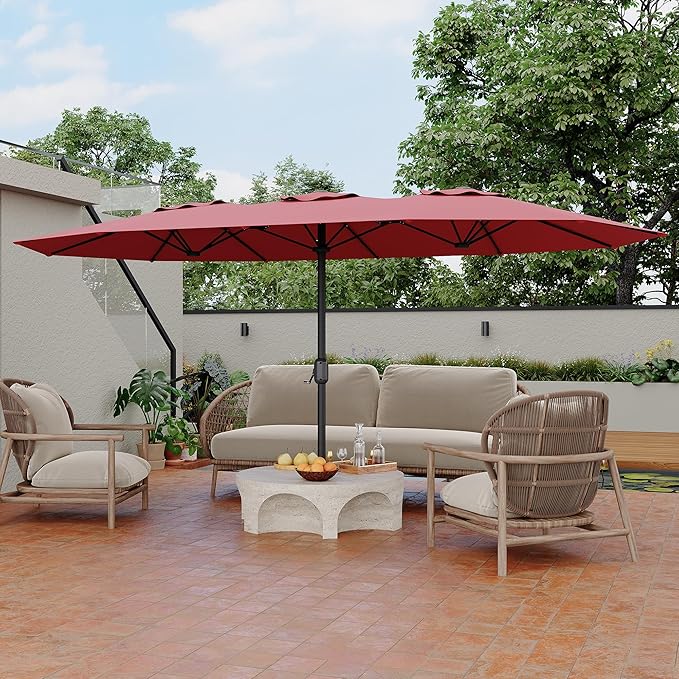 Double-Side Rectangular Pool Umbrella, 15ft Large Patio Umbrella with Base Included, Outdoor Market Umbrellas for Poolside Lawn Backyard