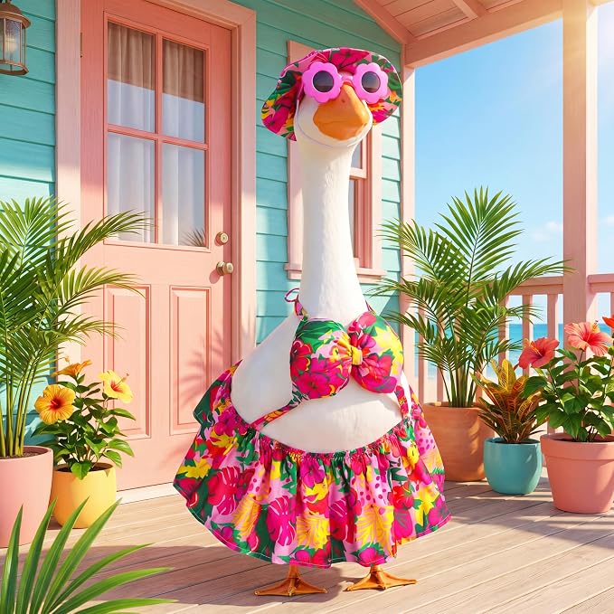 Abbylike Summer Porch Goose Outfits Bikini Hawaiian Tropical Printed Goose Clothes Fits Large 23'' Cement Plastic Statue for Front Door Outdoor Garden Patio Yard Pathway Art Decoration
