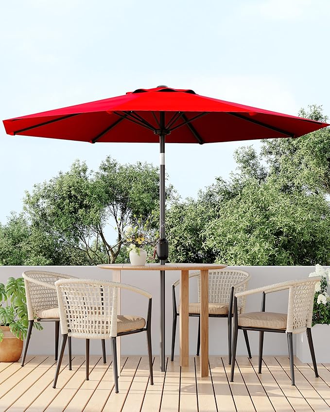 GarveeLife 10 ft Patio Umbrella, Outdoor Table Market Umbrella with Push Button Tilt and Crank, 8 Sturdy Ribs UV Protection Waterproof for Garden, Deck, Backyard, Pool (Red)