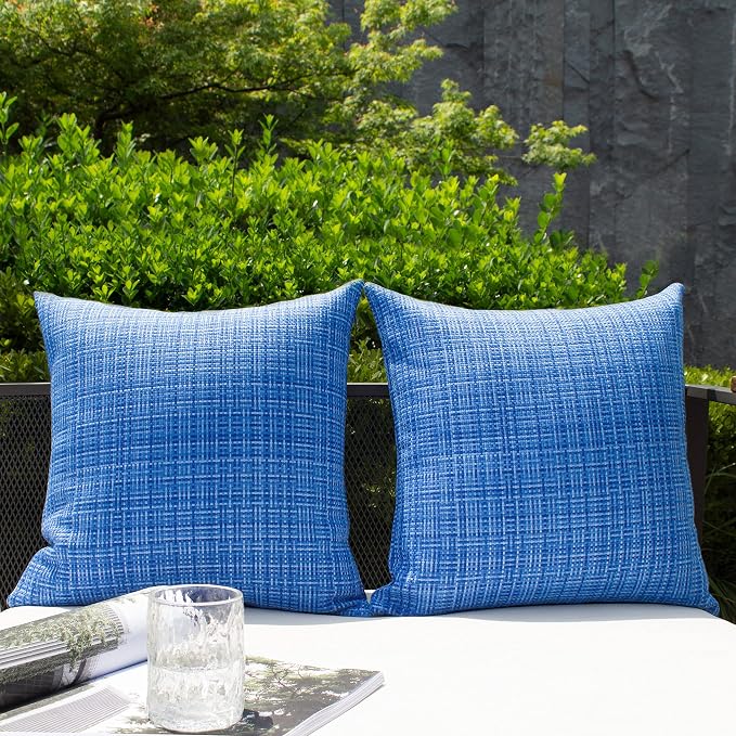 Kevin Textile Outdoor Waterproof 18x18 Inch Pillow Covers 2 Pack, Blue | Water Resistant, Faux Linen Yarn-dyed, Woven Texture Throw Pillow Covers for Tent Patio Garden Couch Sofa