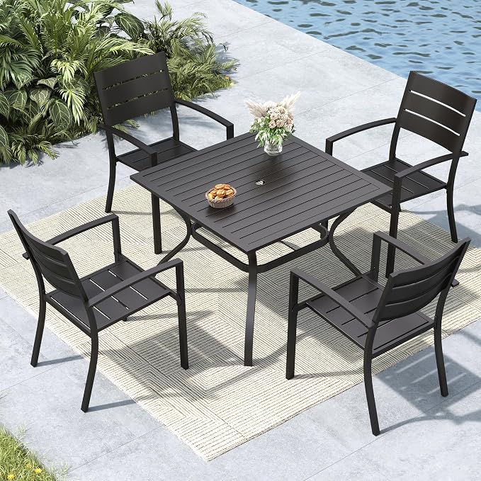 MFSTUDIO Patio Table and Chairs Set of 4, Metal Outdoor Dining Set with Umbrella Hole, 5 Piece Wrought Iron Patio Furniture Dining Set for Deck Backyard Garden