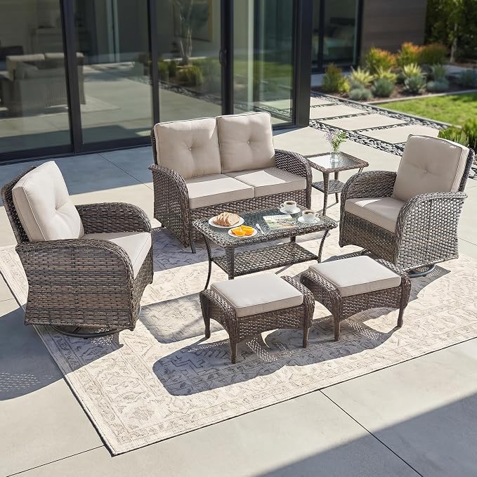 7 Piece Patio Furniture Set - Wicker Patio Conversation Set with Swivel Glider, Glider Loveseat, Tempered Glass Side Table and 2 Ottomans for Deck Backyard - Brown Wicker Beige Cushion