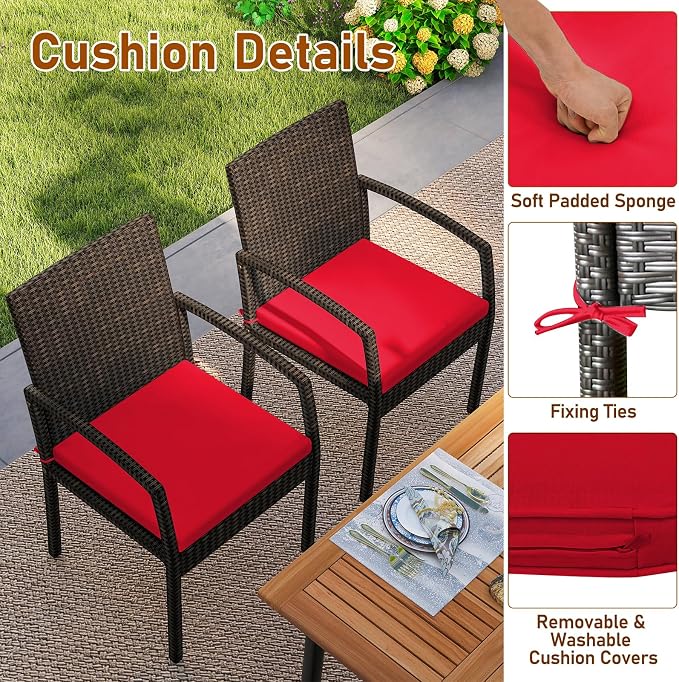 Tangkula 7 Pieces Outdoor Dining Set, Patio Acacia Wood Table and PE Rattan Chairs with Soft Cushions and 2” Umbrella Hole for Deck, Garden and Backyard