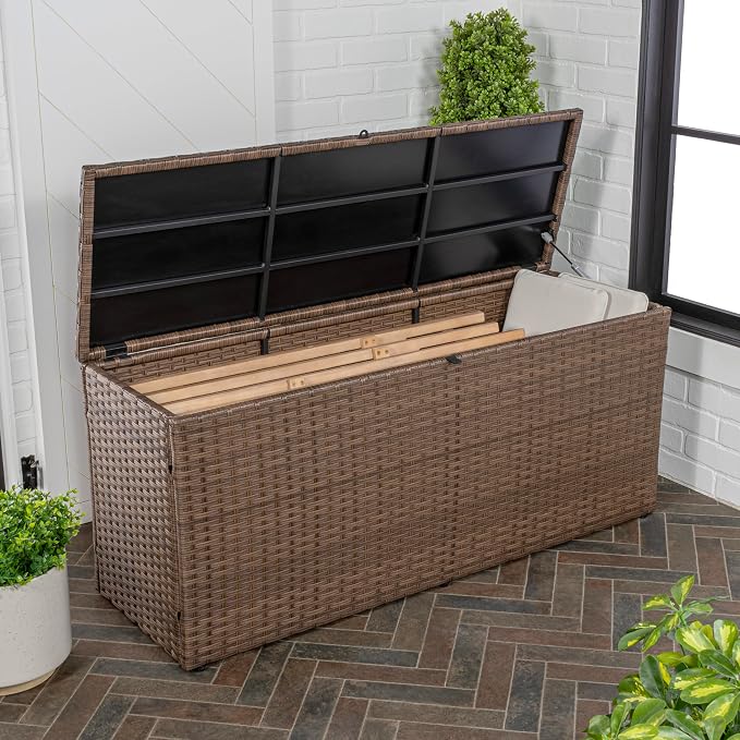 Eyely KRT1002B Elio 59.06" Modern Minimalist Outdoor Faux Wicker Deck and Patio Storage Box, Brown