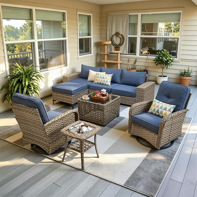 8-Piece Wicker Outdoor Sectional Furniture, Wide Armrest Patio Couch with Swivel Rocking Chair Ottoman Solar Table, Modular Sofa Rattan Conversation Sets for Backyard Deck Garden, Denim Blue