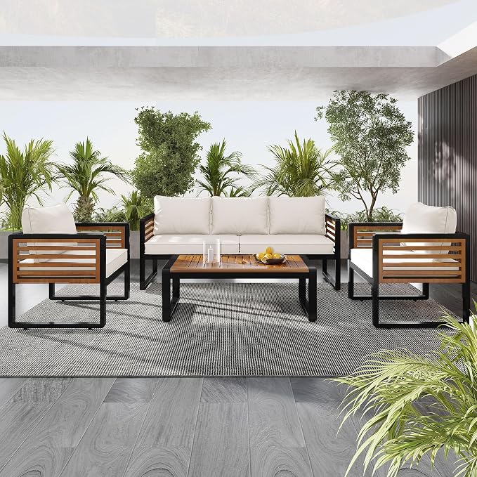 Merax 4-Piece Large Size Outdoor Conversation Sofa Set, Metal and Acacia Wood Frame Sofa with Removable Cushions, Waterproof & UV-Resistant, 5-Person Patio Furniture for Garden Backyard, Beige