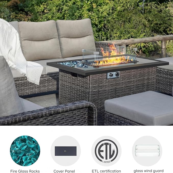 XIAO WEI 9-Piece Outdoor Furniture Set with Fire Pit Table, Wicker Patio Conversation Set with Cushions & Swivel Glide Chairs, All-Weather Patio Furniture Set for Backyard, Garden, Deck (Beige)
