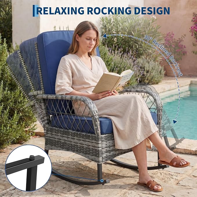 GarveeLife 3 Piece Outdoor Wicker Rocking Chair Set, Hollow Rattan Rocker Chairs with Side Table, Gray Gradient Wicker with Blue Cushions for Patio, Porch, Backyard
