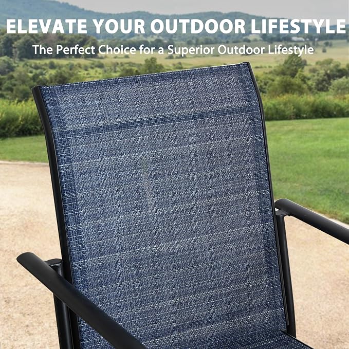 5-Piece Outdoor Dining Set, Square Metal Table with Dark Blue Chairs, Black Patio Table with Umbrella Hole for Garden, Yard, Patio