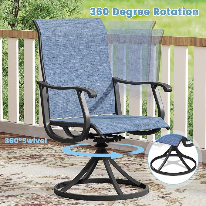 DIFY Outdoor Dining Set for 6, 7 Piece Patio Table and Chairs Set, Swivel Patio Dining Chairs with Blue Textilene & 53" Black Round Metal Dining Table with Umbrella Hole, for Garden Backyard Deck