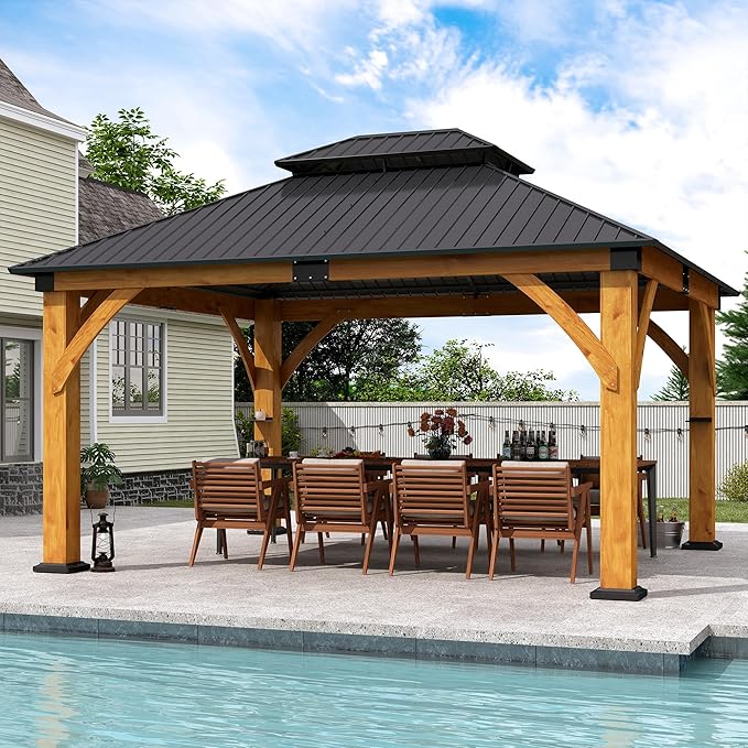 13' x 15' Upgraded Wood Gazebo, Spruce Wooden Gazebo with Double Galvanized Steel Roof, Outdoor Wooden Hardtop Gazebos for Deck,Patio