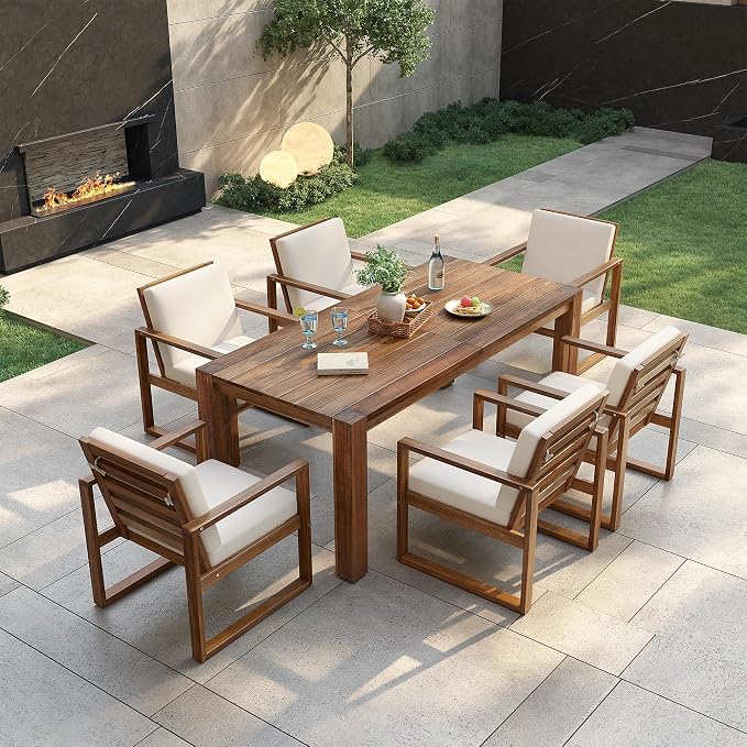 7 Piece Outdoor Patio Dining Set, Patio Table and 6 Armchairs Set with Umbrella Hole and Removable Cushion, All-Weather Acacia Wood Patio Furniture Set for Garden Backyard Lawn (Brushed Mocha)