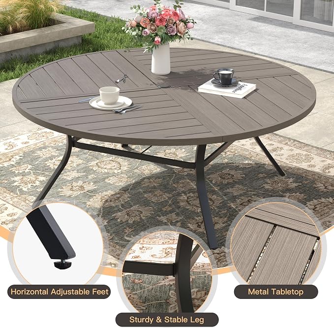 Outdoor Dining Set for 8, 60.1" Metal Round Outdoor Dining Table with Umbrella Hole and Sling Patio Swivel Chairs, 9 Pieces Patio Table and Chairs Set for Garden Backyard, Grey