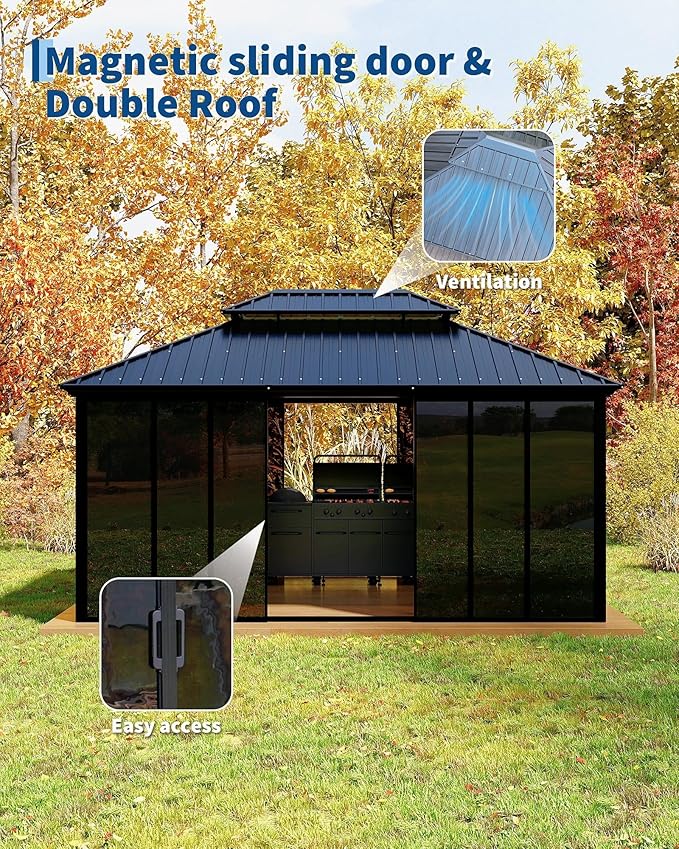 12x16 ft Hardtop Gazebo Sunroom, All-Season Outdoor Room with Aluminum Frame, Enclosed Patio Solarium with Polycarbonate Sliding Doors & Double Roof for Backyard, Deck, and Hot Tub Enclosure