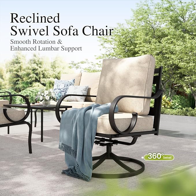 Sophia & William Patio Conversation Set for 5, 3-Seater Sofa, 2 Swivel Chairs and a Coffee Table, Metal Outdoor Furniture with 5.75" Extra Thick Cushion, Beige