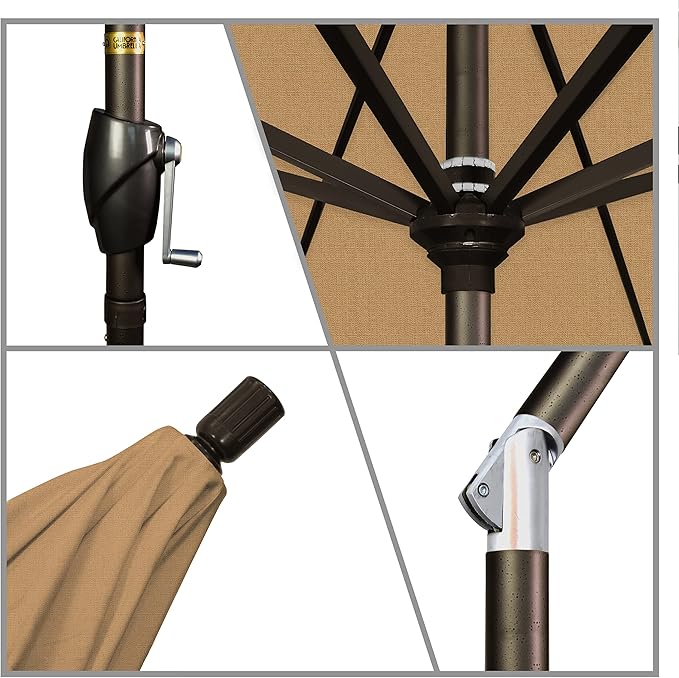 California Umbrella 7.5' Round Aluminum Market Umbrella, Crank Lift, Push Button Tilt, Bronze Pole, Sunbrella Linen Sesame