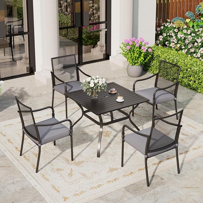 SUNSHINE VALLEY Patio Table and Chairs Set of 4, All-Weather Breathable Metal Mesh Patio Chair with Gourd-Shaped Armrests, 37x37 Square Table with Umbrella Hole, 5 Pcs Metal Frame Patio Dining Set