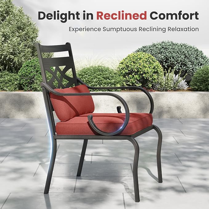 PHI VILLA Patio Dining Set, 37" Square Metal Table | Metal chairs, Red, Umbrella Hole, Cushions, E-coated